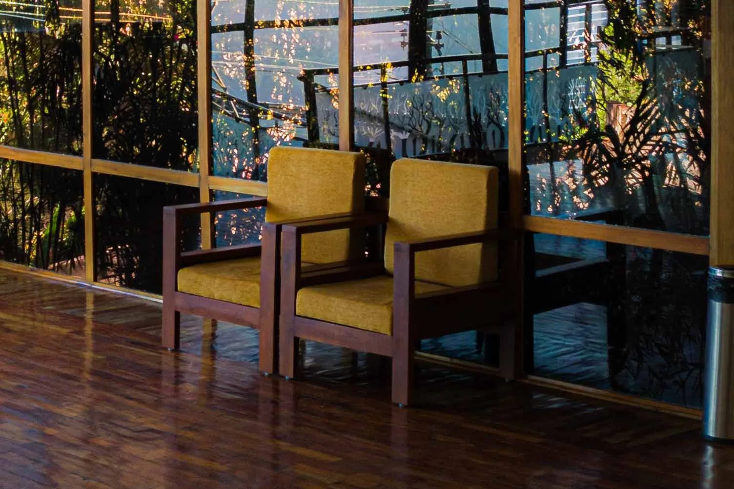 Two upholstered chairs in a room lit by afternoon sunlight.