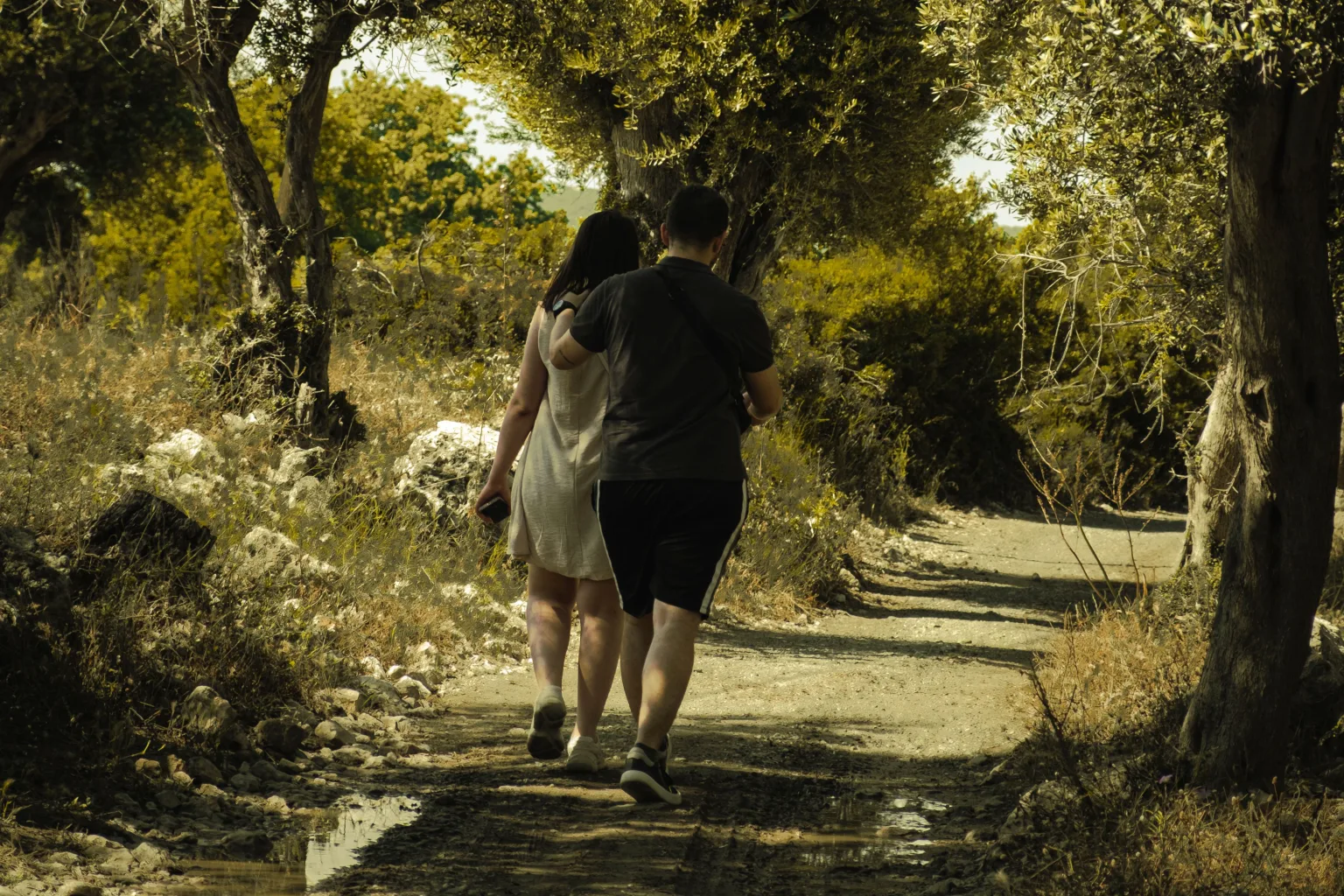 Two people walking together along a tree-lined park path.