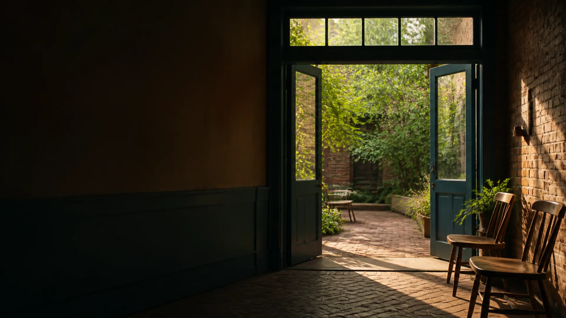 Conceptual editorial illustration of an open doorway to a courtyard with wooden chairs