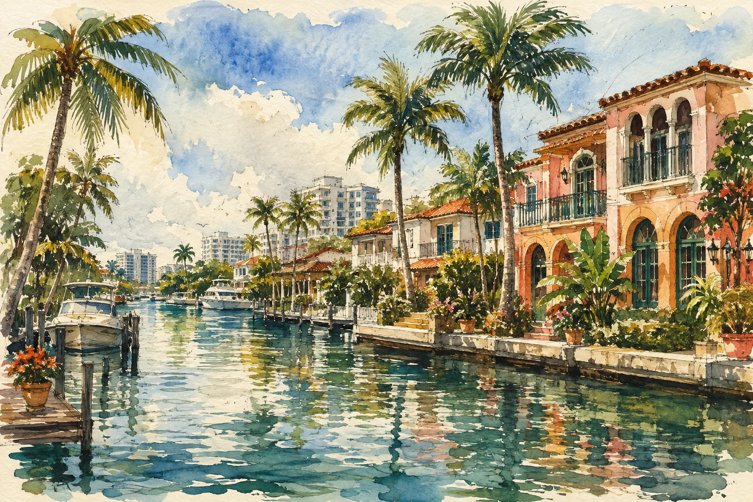 Watercolour impression of Fort Lauderdale canal, waterfront buildings and palms.
