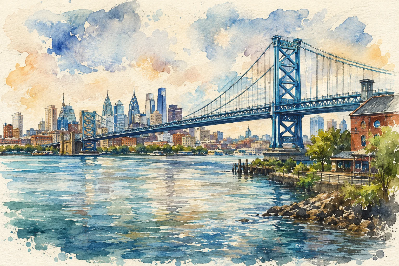Watercolour impression of Philadelphia skyline and Benjamin Franklin Bridge from the New Jersey side.